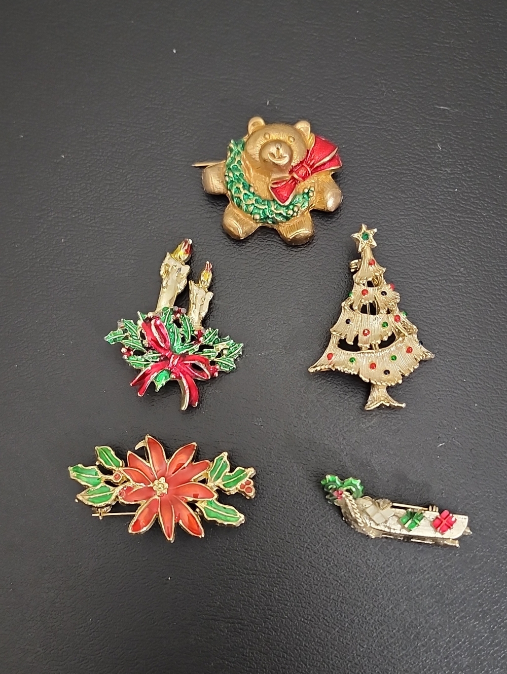 Vintage Christmas Brooch Lot of 5 Signed Gerry's Tree Teddy Bear Poinsettia Cand